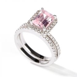 Jeulia Halo Emerald Cut Synthetic Morganite Sterling Silver Ring Set