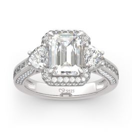 Jeulia Halo Three Stone Emerald Cut Sterling Silver Ring
