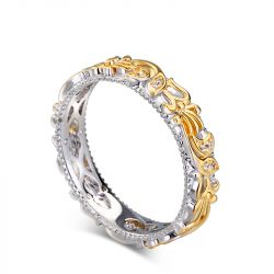 Jeulia Two Tone Floral and Leaf Carved Unique Sterling Silver Women's Band