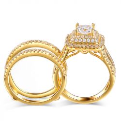 Jeulia Three Halo Princess Cut Sterling Silver Enhancer Ring Set
