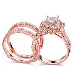 Jeulia Three Halo Princess Cut Sterling Silver Enhancer Ring Set