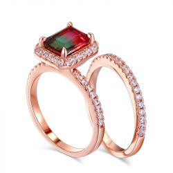 Jeulia Halo Emerald Cut Sterling Silver Watermelon Ring Set