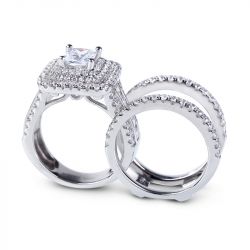 Jeulia Three Halo Princess Cut Sterling Silver Enhancer Ring Set