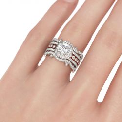 Jeulia Interchangeable Two Tone Halo Round Cut Sterling Silver Ring Set