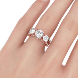 Jeulia Scrollwork Three Stone Round Cut Sterling Silver Ring
