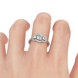 Jeulia Halo Three Stone Round Cut Sterling Silver Ring